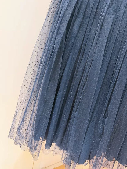 Christian Dior Navy Blue Organza Polka Dot Pleated Skirt