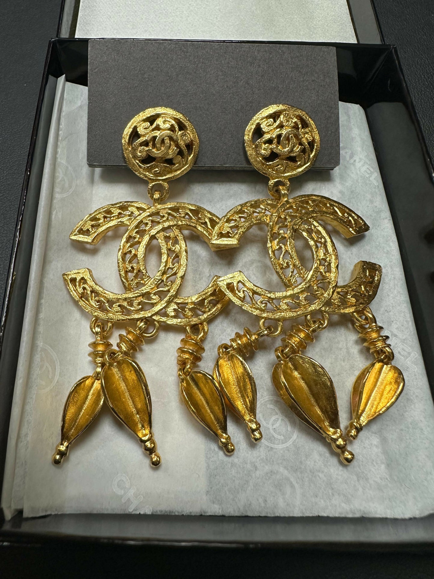 Chanel Vintage 95 Gold Plated Ornate Dangle Clip-on Earrings