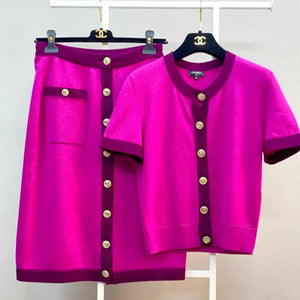 Chanel Pink knitted cashmere cardigan + skirt set