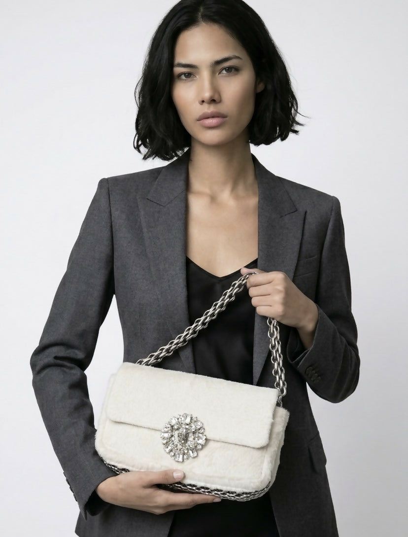 Ultra Rare Chanel 08A Huge Swarovski CC White Pony Classic Medium Flap Bag