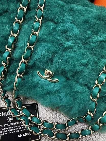 Chanel 19K green vintage quilted fur CF chain crossbody bag
