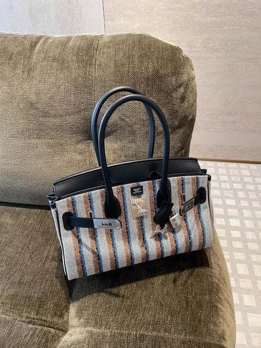 Hermès Birkin Shoulder Light 29 in Black Evercolor and Embroidered Toile Palladium Hardware