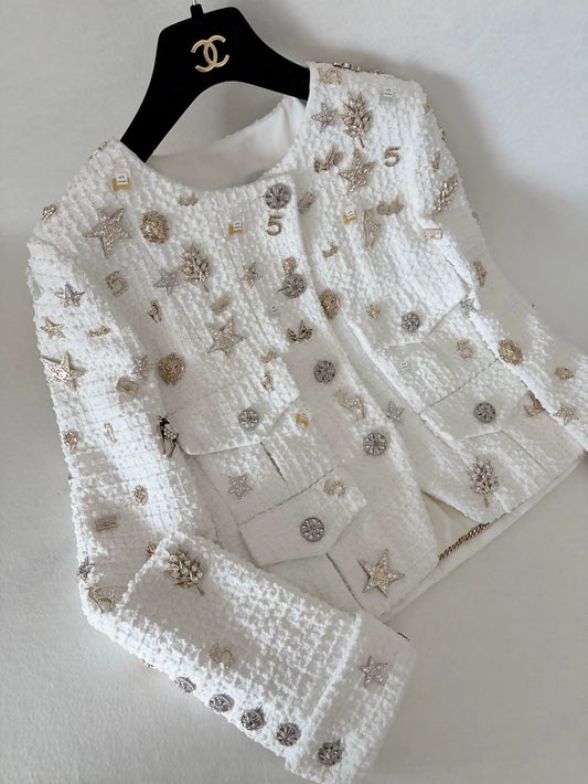 Chanel 22C White All-Over gold charms Jacket