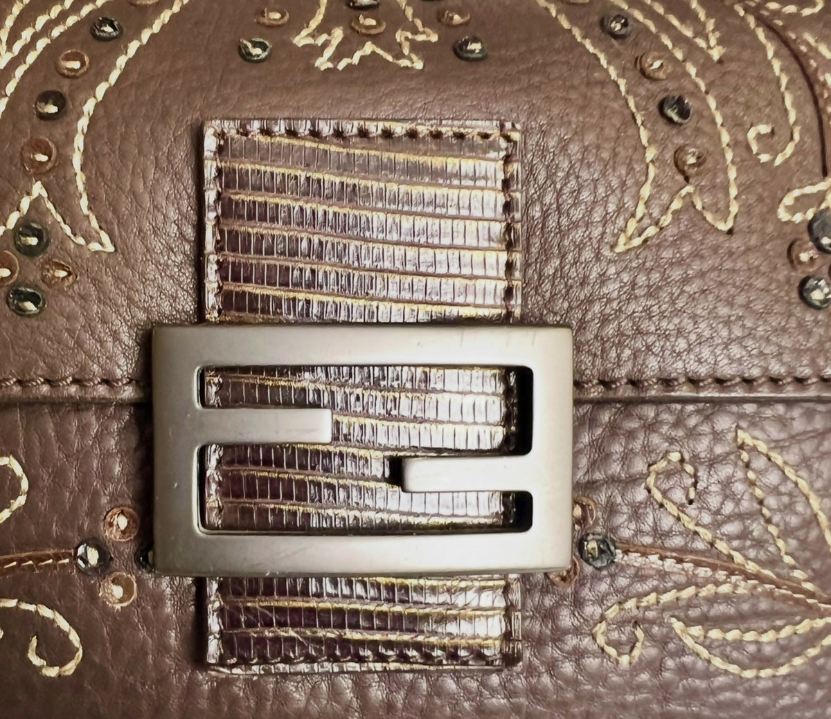 Fendi Limited Edition Dark Brown Leather Lizard Embroidered Mini Mamma Baguette Bag