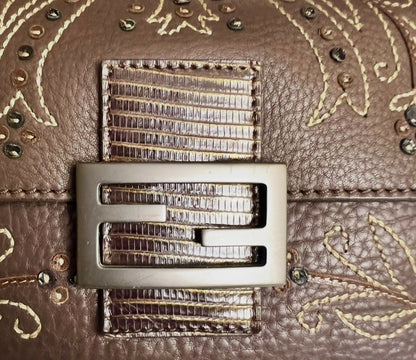 Fendi Limited Edition Dark Brown Leather Lizard Embroidered Mini Mamma Baguette Bag