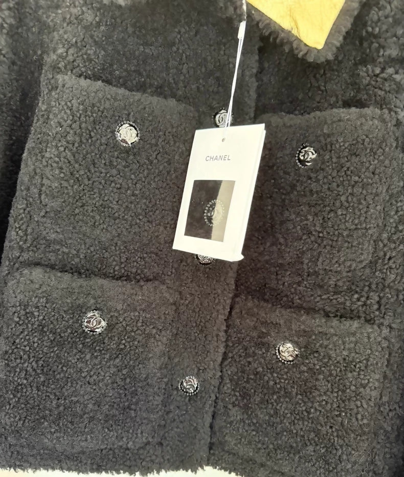 Chanel 22B Black shearling Jacket with Gold Leather Lining