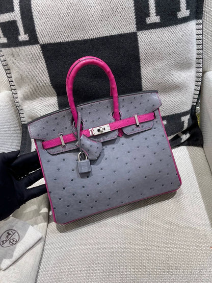 Hermes Birkin 25 agate grey and rose fuchsia ostrich leather palladium hardware