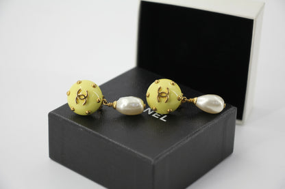 Chanel 96C Resin Dot Yellow Bean Imitation Pearl Dangle Clip-on Earrings