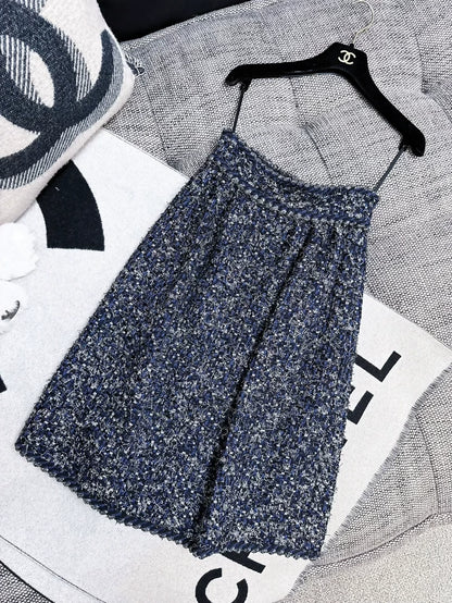 Chanel Spring/Summer 2018 Deep Blue Skirt with Silver Thread Sequins