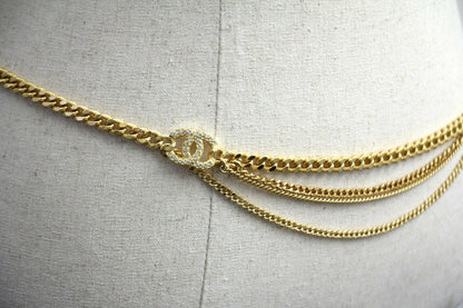 Chanel F22A Metal Rhinestones Two CC Gold-tone Chunky Waist Chain Belt L85