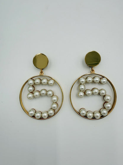 Chanel 1980s Runway Vintage Gold Plated Faux Pearl Circle No.5 Dangle Earrings