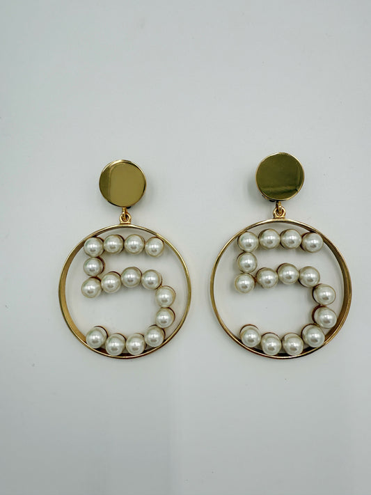Chanel 1980s Runway Vintage Gold Plated Faux Pearl Circle No.5 Dangle Earrings