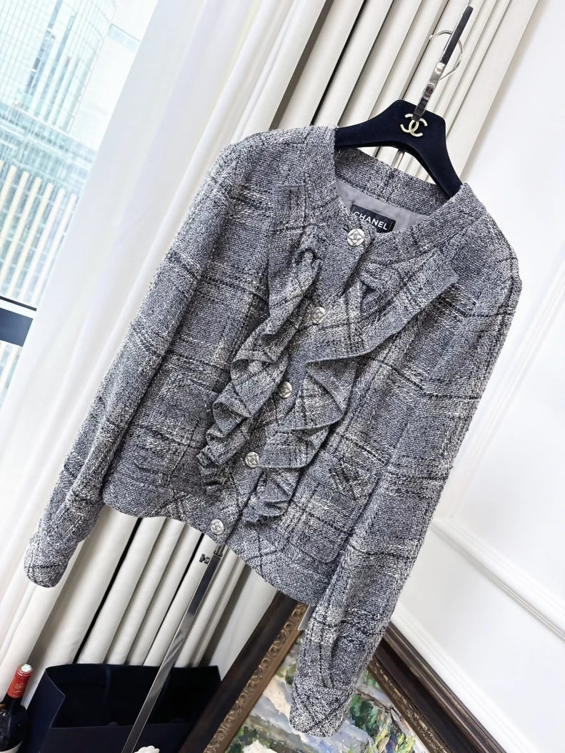 Chanel 19P grey ruffle tweed jacket