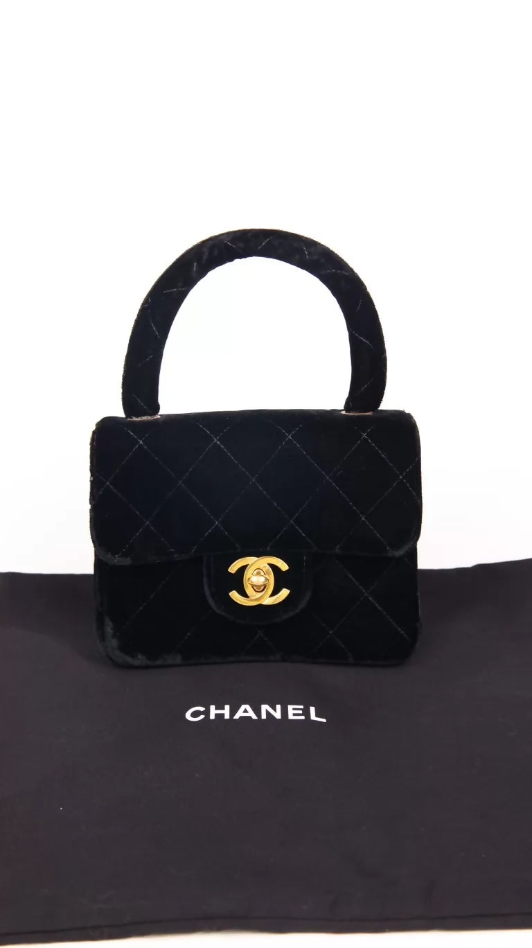 Chanel 2 Black Velvet Mini Kelly Handbag