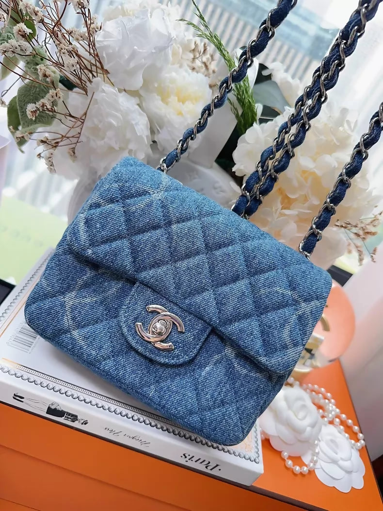 Chanel 20B denim CC logo print square bag with chain strap
