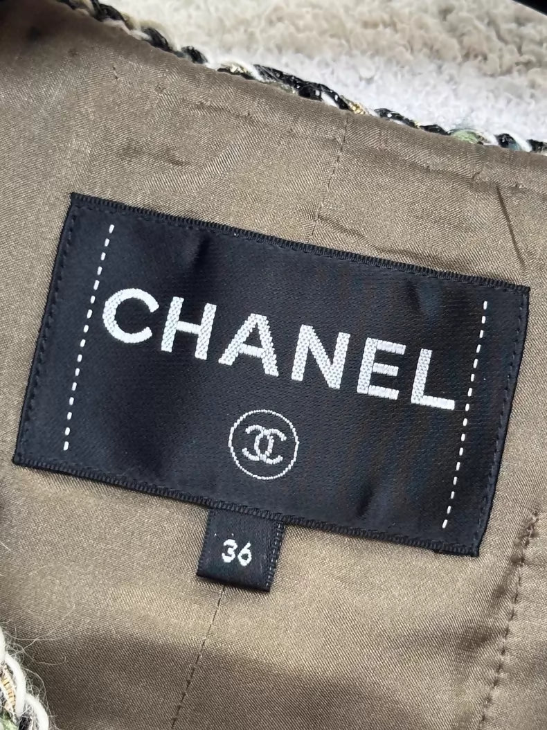 Chanel 16A multicolour tweed leather jacket with chain trim