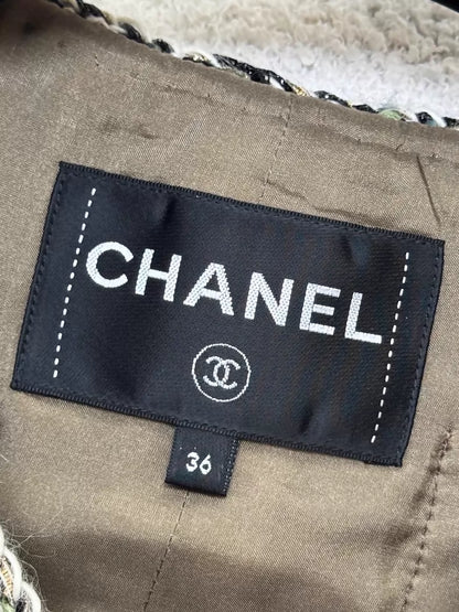 Chanel 16A multicolour tweed leather jacket with chain trim