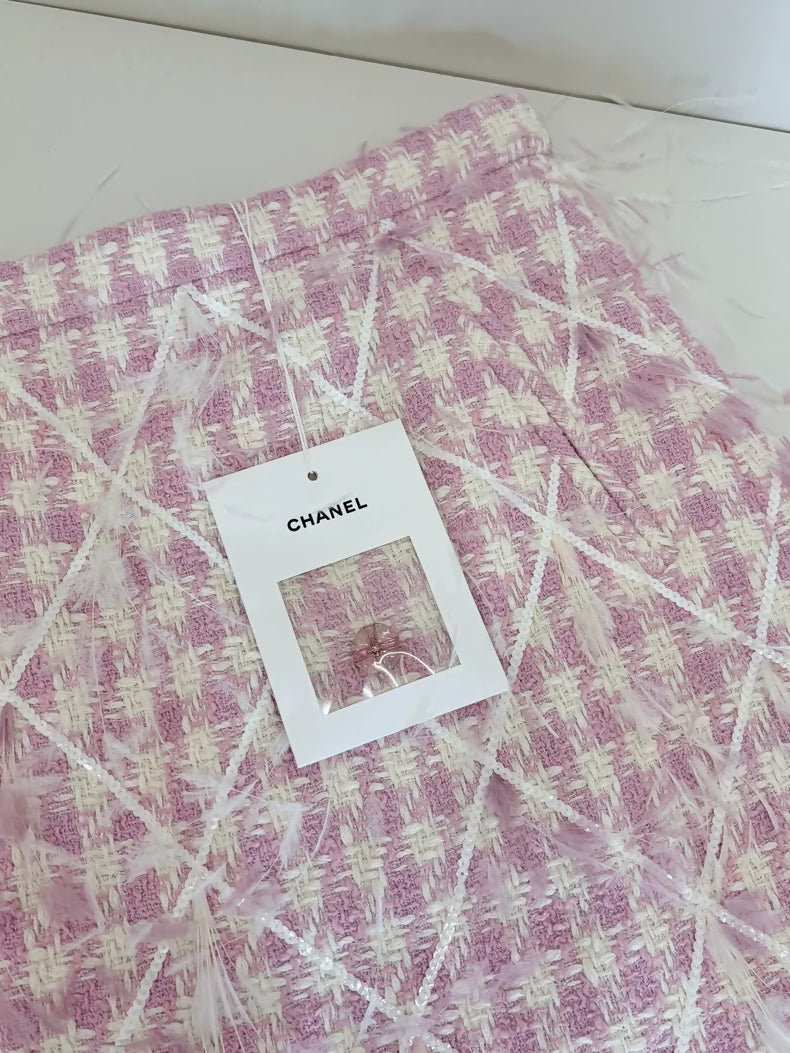 Chanel 23S Pink Tweed Feather Skirt