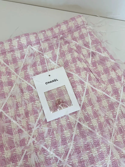 Chanel 23S Pink Tweed Feather Skirt