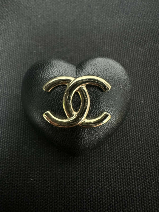 Chanel 22K Metal & Leather Light Gold-Tone and Black Heart Brooch