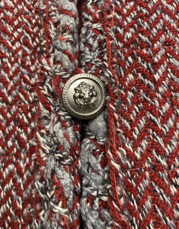 CHANEL 08A BURGUNDY GREY BRAIDED TRIM TWEED JACKET BLAZER FR 38