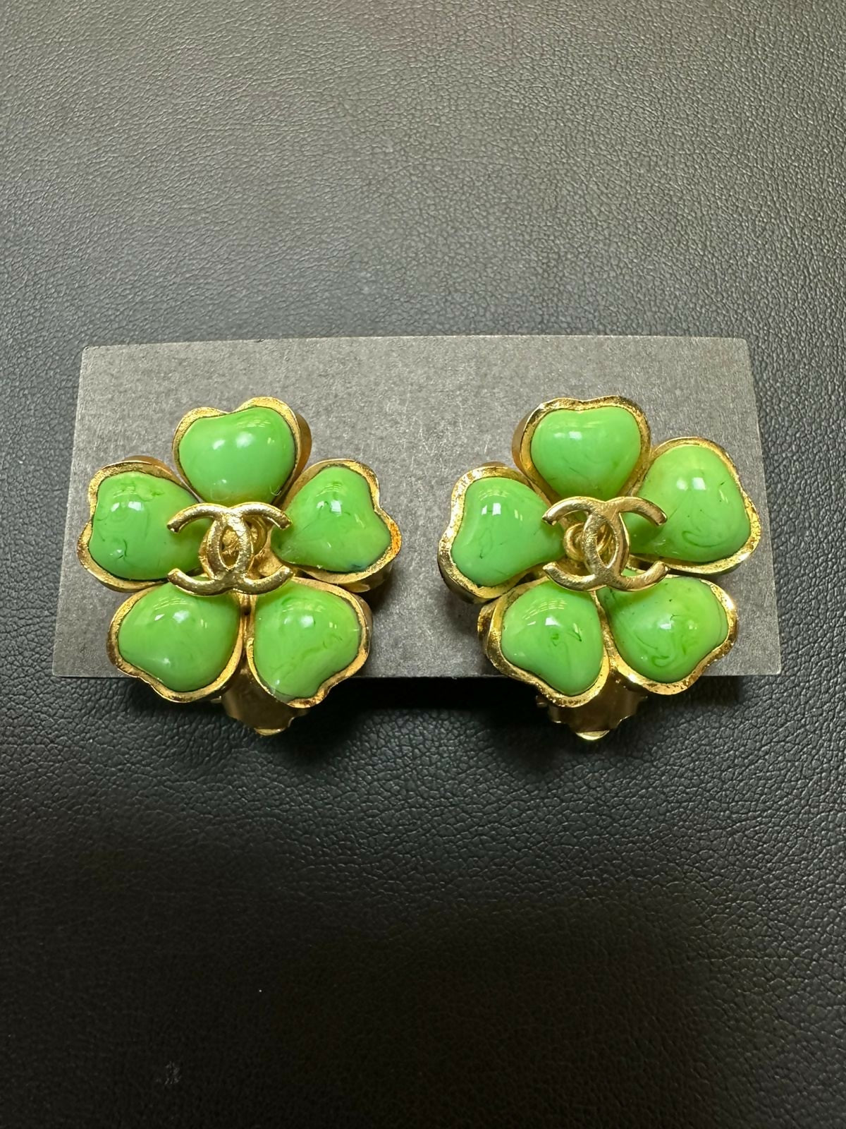 Chanel Vintage 97P Gripoix & Gold Plated Green Camellia Clip-on Earrings