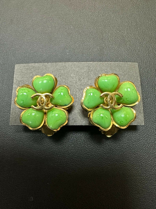 Chanel Vintage 97P Gripoix & Gold Plated Green Camellia Clip-on Earrings