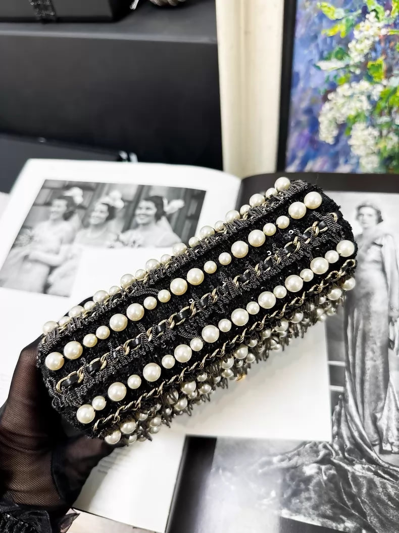 Chanel 20B black and gold pearl chain square crossbody bag