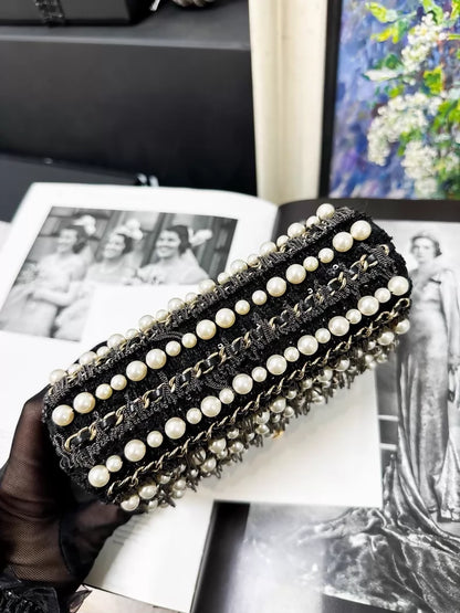 Chanel 20B black and gold pearl chain square crossbody bag
