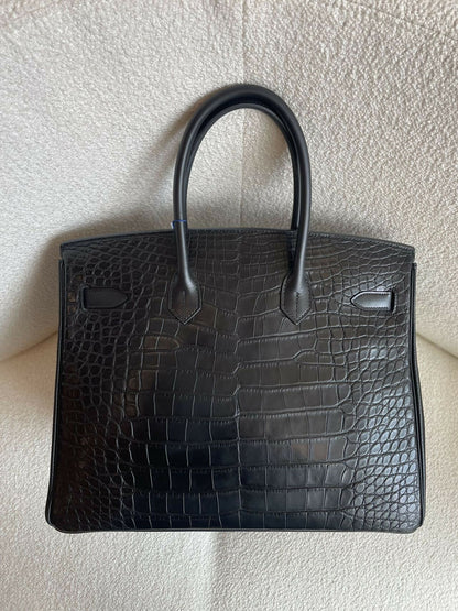 Hermès Birkin 35 Tri-Material Limited Edition Noir / Black Matte Alligator Veau Box & Togo Leather with Palladium Hardware Square R Stamp