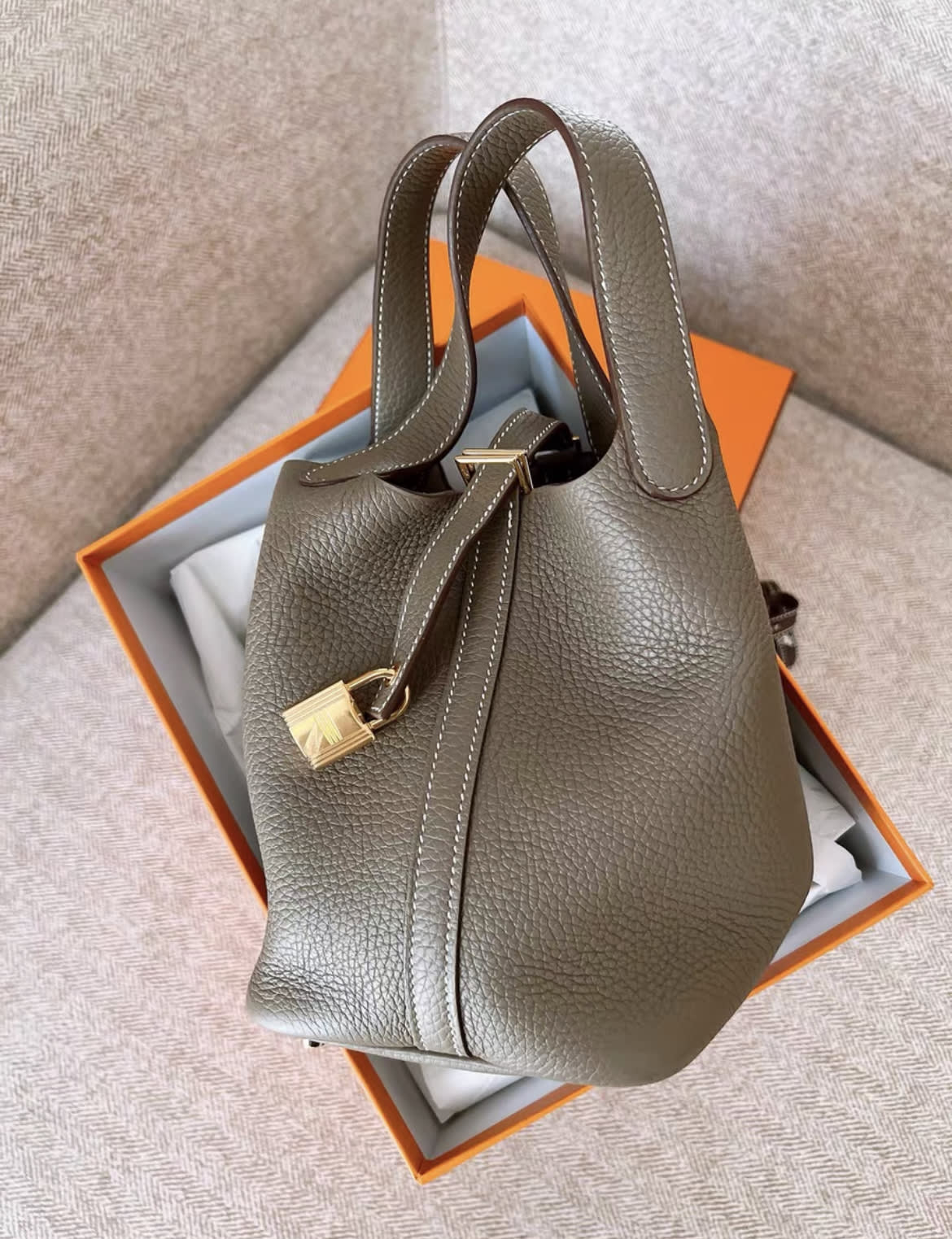 Hermes picotin 18 étoupe gray leather gold hardware