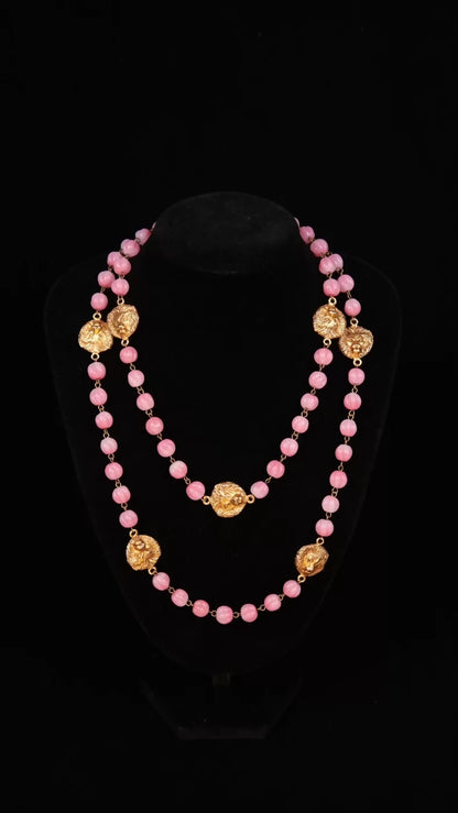 Chanel Pink Glass and Gold Lion Head Long Necklace/Sweater Chain