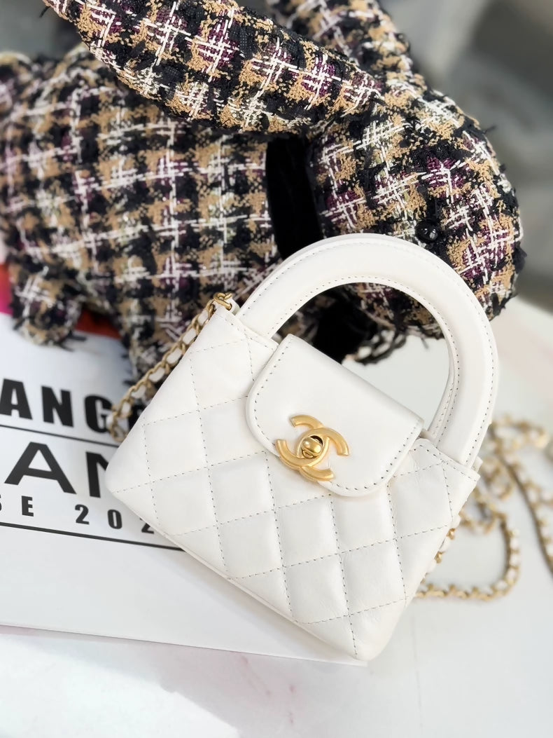 Chanel white quilted mini Kelly handbag with gold hardware crossbody bag