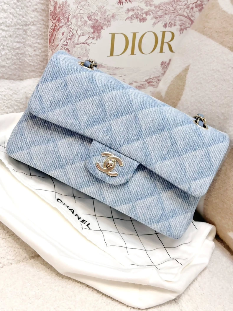Chanel 22B Small Blue Denim Gold Quilted Chain Crossbody Bag