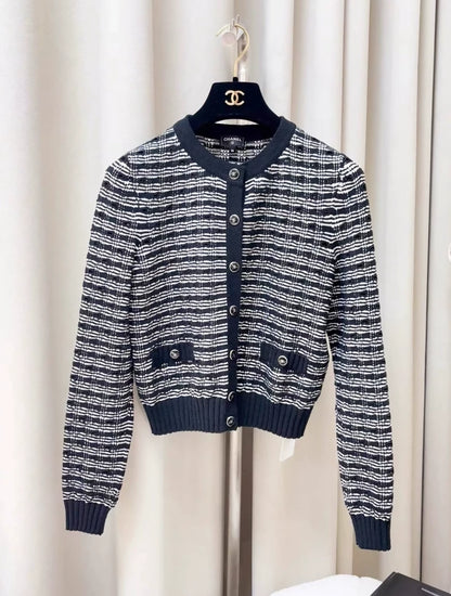 Chanel 25P Black and white striped knit cardigan
