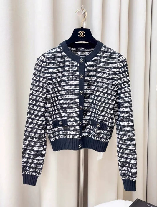 Chanel 25P Black and white striped knit cardigan
