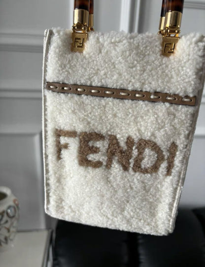 FENDI Sunshine Shopper mini leather-trimmed shearling tote