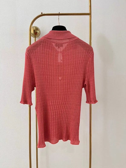 Chanel 22 Orange Rhinestone Button Knit Short-Sleeve T-Shirt