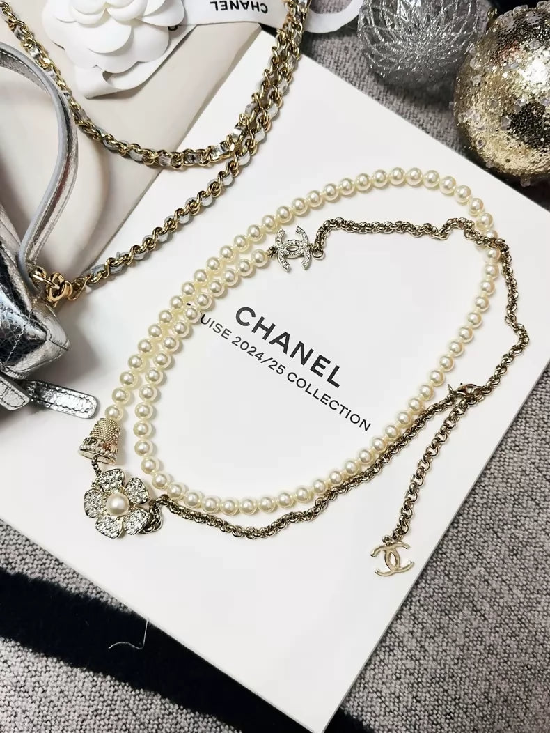 Chanel 23s champagne gold full-diamond camellia bonsai pearl chain sweater necklace