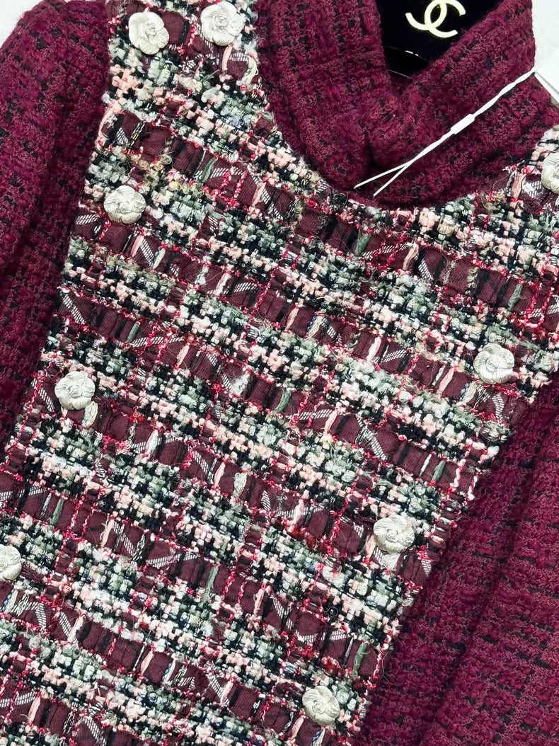 Chanel 23k Burgundy Wool Tweed Turtleneck Jacket with skirt set