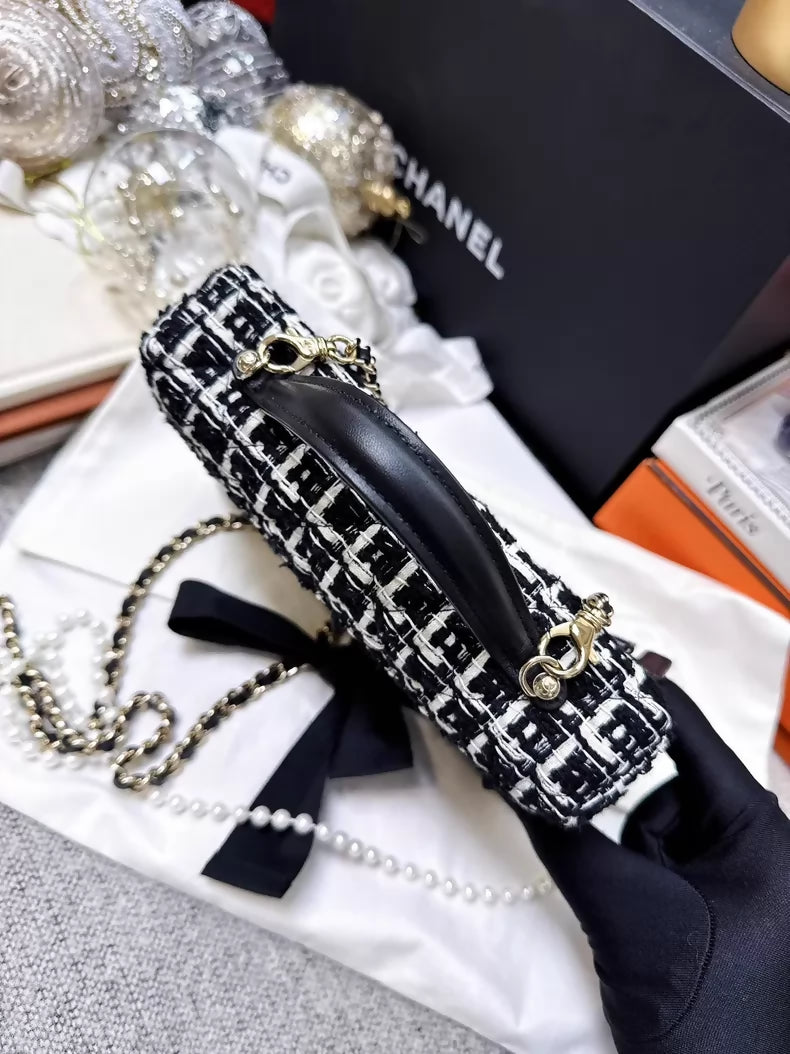 Chanel 25C black and white tweed case bag with silver hardwar
