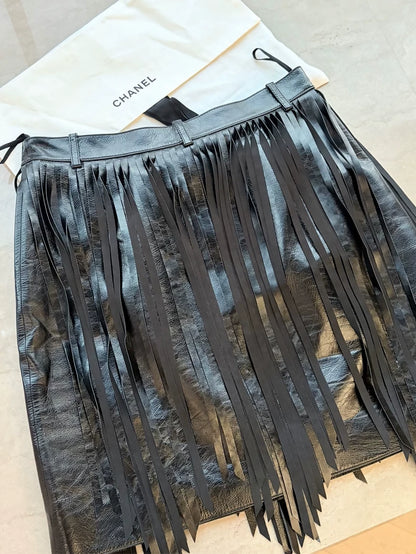 Chanel 22C Black Fringe Lambskin Skirt