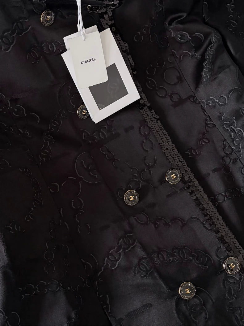 Chanel 22S Black Satin Sequin Print Coat