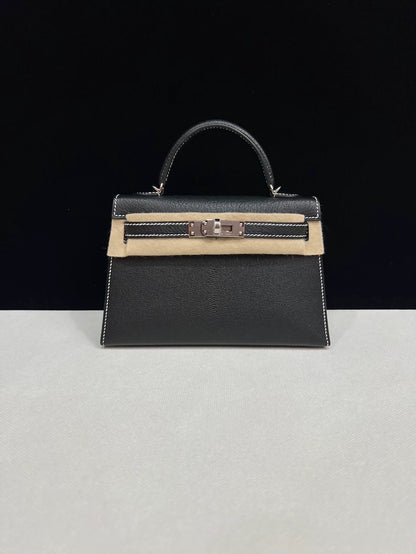 Hermes Mini Kelly 20 black Epsom leather with white stitching palladium hardware