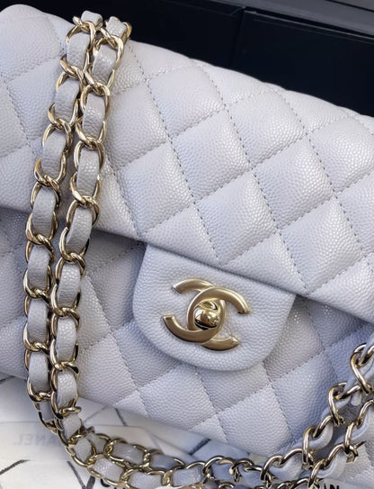 Chanel Small Classic Double Flap Pearl Grey Caviar Gold Hardware