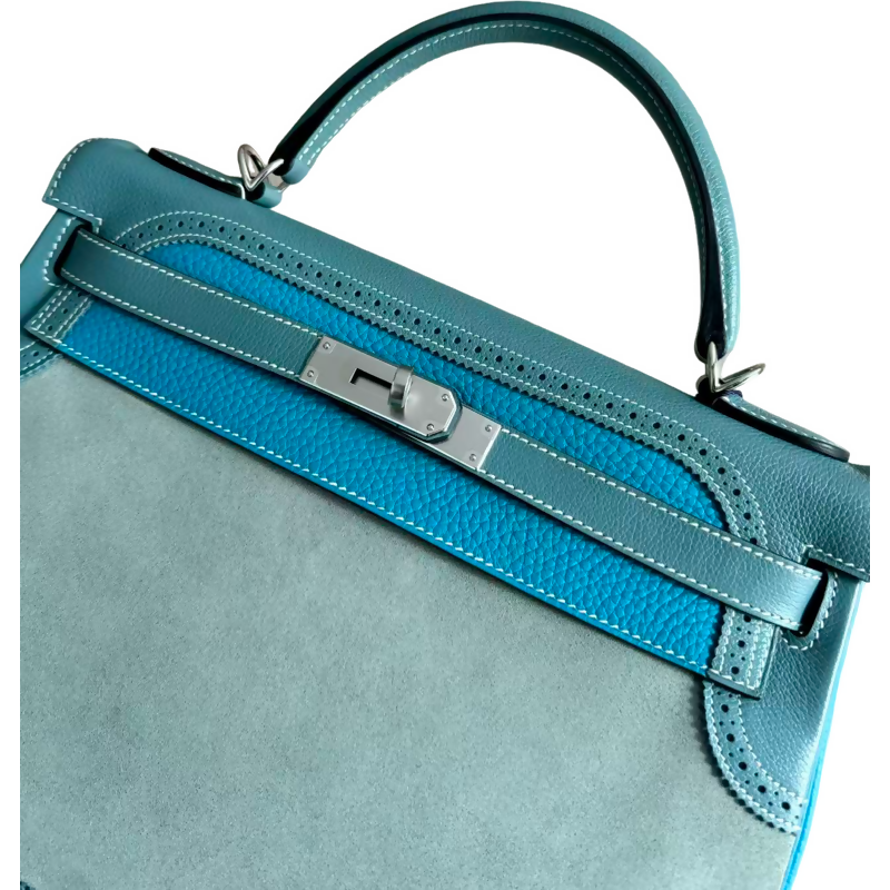 Hermes vintage Kelly 32 lace collection in suede denim blue