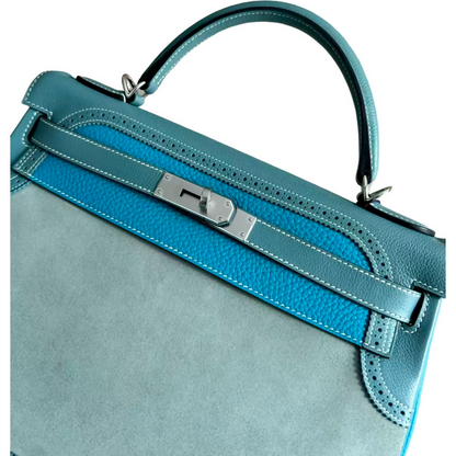 Hermes vintage Kelly 32 lace collection in suede denim blue