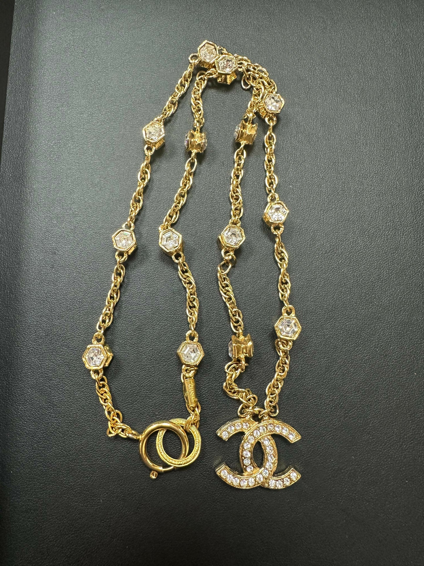 Chanel Vintage 71-80 Rhinestone & Gold Plated Double-Sided CC Long Necklace