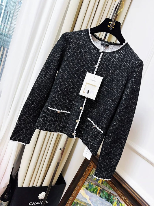 Chanel 25b black and white trim knit cardigan