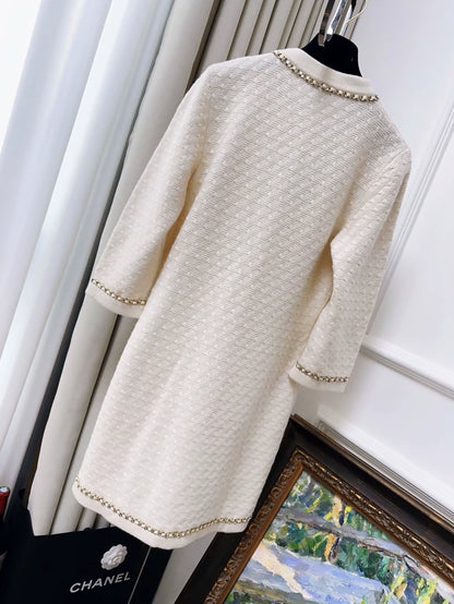 Chanel 23B off-white classic leather cashmere knit cardigan